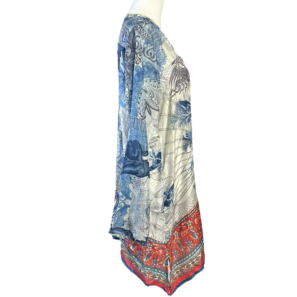 Johnny Was Bohemian Art to Wear Currency Print Silk Tunic Top Size Medium - Picture 7 of 17